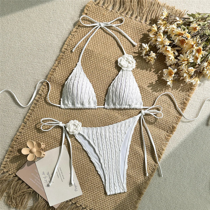 3D Flower Strappy Bikini WHITE