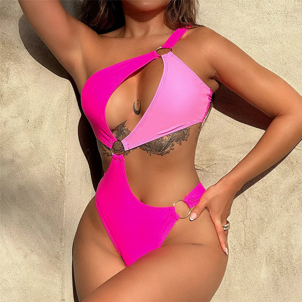 Asymmetric Splicing Hollow Swimsuit