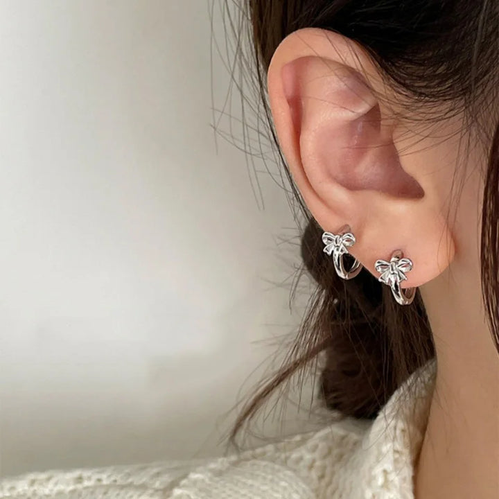 Bowknot Hoop Earrings Silver Color