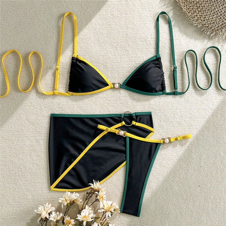 Color Contrast Skirt Bikini Set black