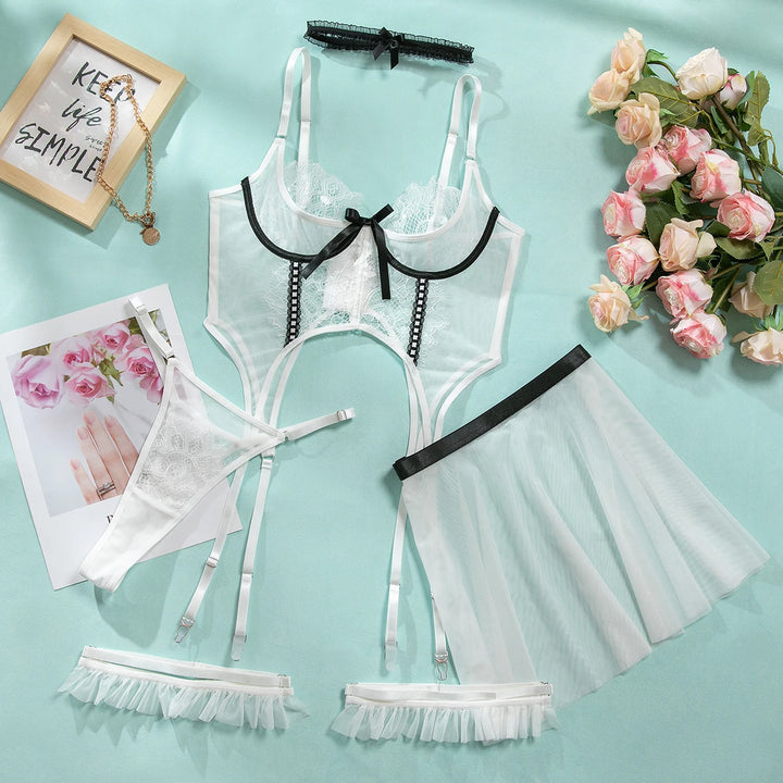 Contrast Bow Lace Sheer Lingerie White