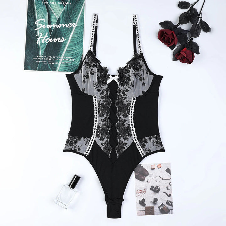 Contrast Floral Embroidery Bodysuit Lingerie Black with Stocking