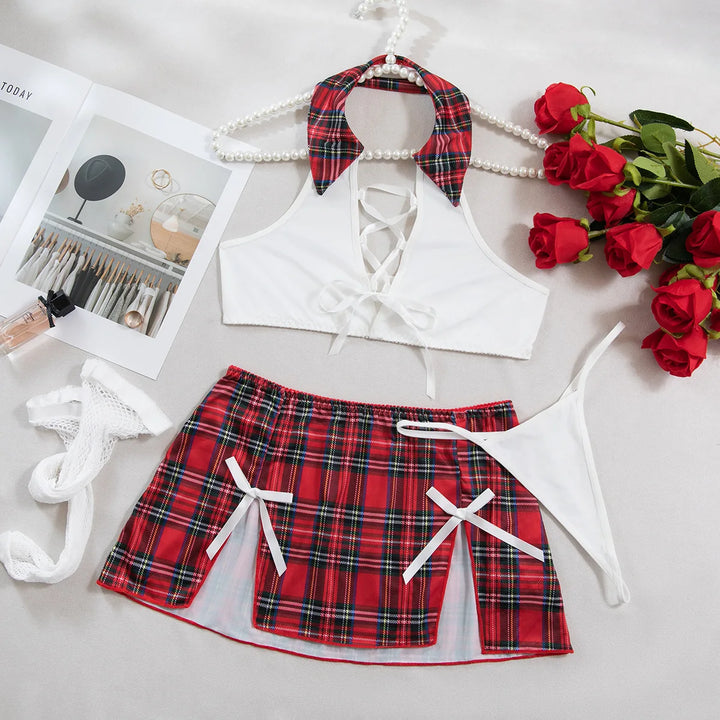 Contrast Plaid Lingerie Set Red Plaid