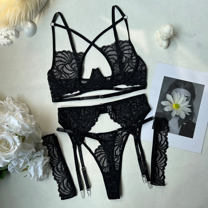 Cross Printed Lace Lingerie Black
