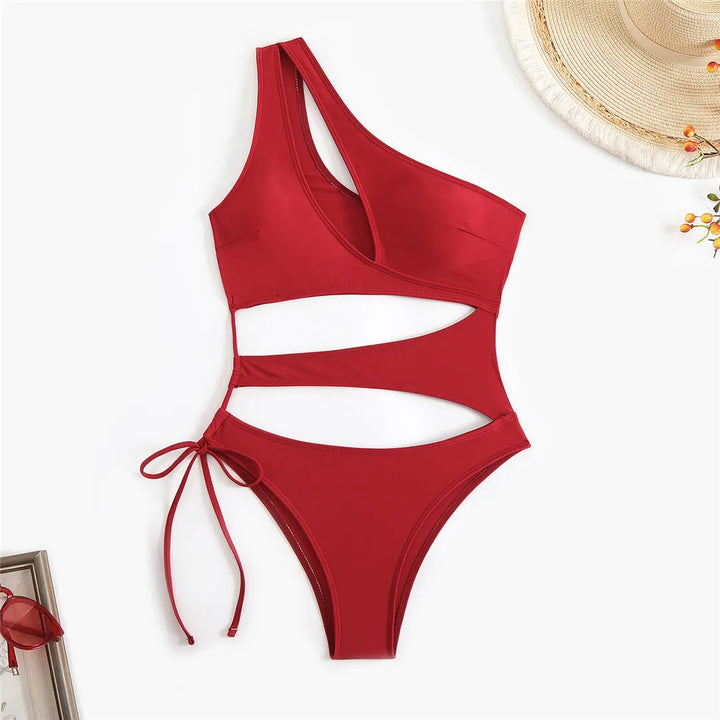 Cut Out Asymmetric Swimsuit Red
