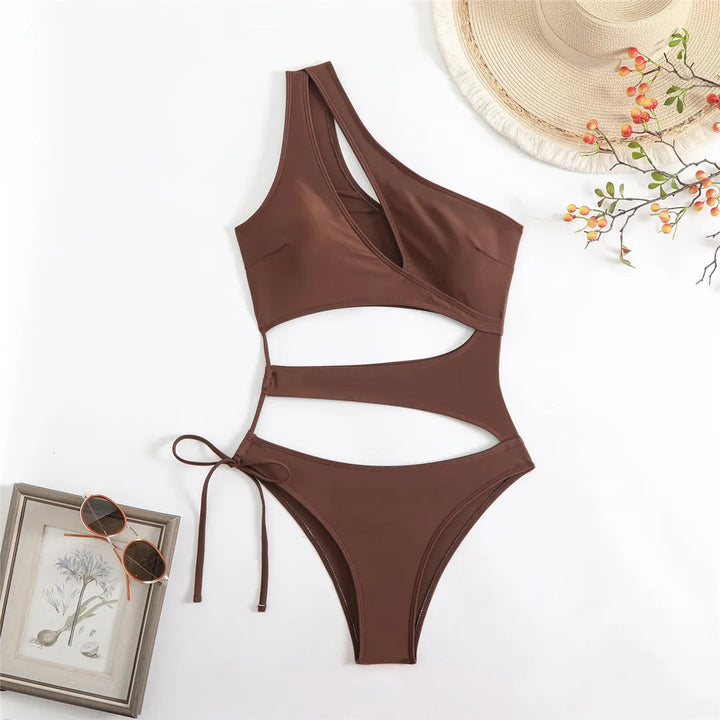 Cut Out Asymmetric Swimsuit Coffee