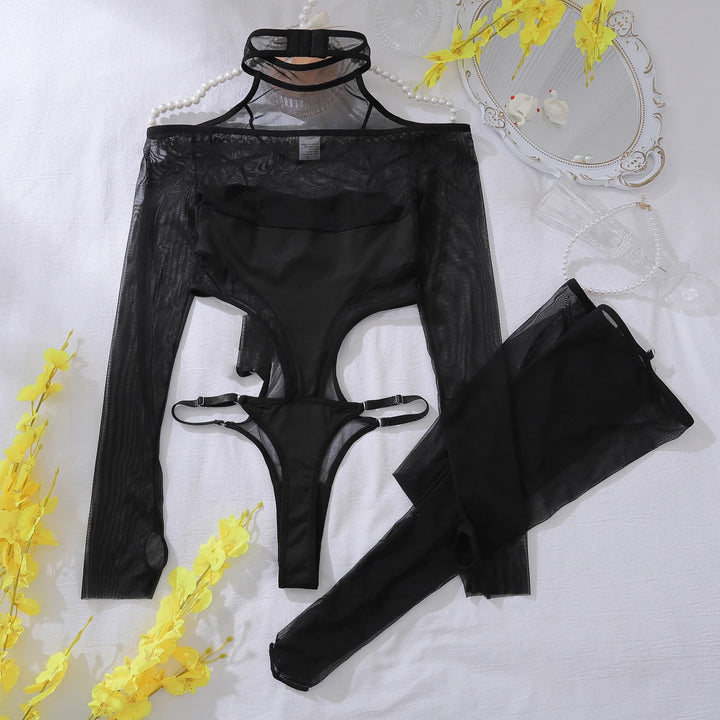 Dual Mesh Bodysuit Lingerie Black