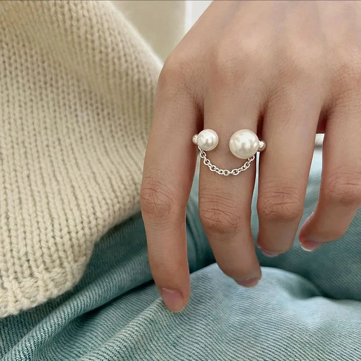 Dual Pearl Chain Ring Silver resizable