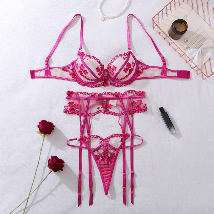 Elegant Floral Embroidered Lingerie Rose Red