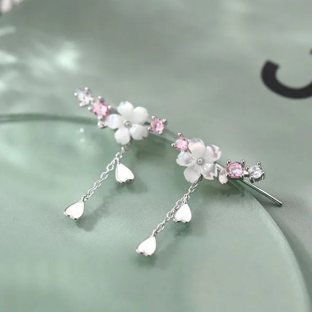 Elegant Flowers Tassel Earrings Silver Color
