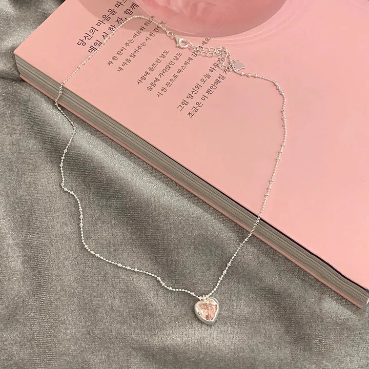 Elegant Heart Zircon Chain Necklace Pink Zircon