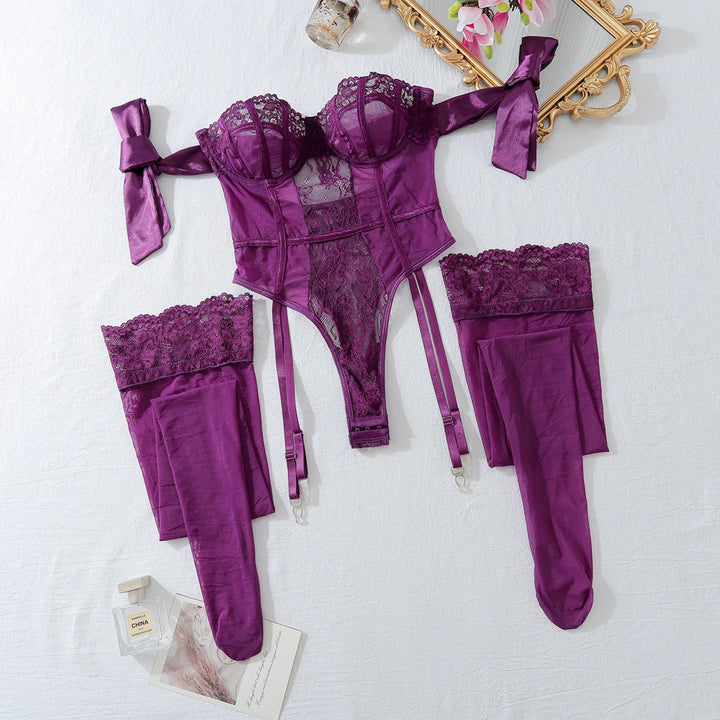 Elegant Lace Full Bodysuit Lingerie Purple