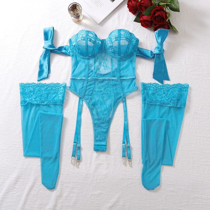 Elegant Lace Full Bodysuit Lingerie Lake Blue