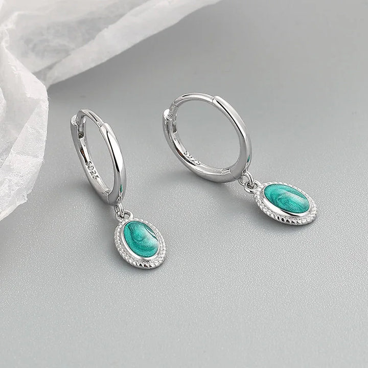 Ellipse Enamel Drop Earrings Silver Color