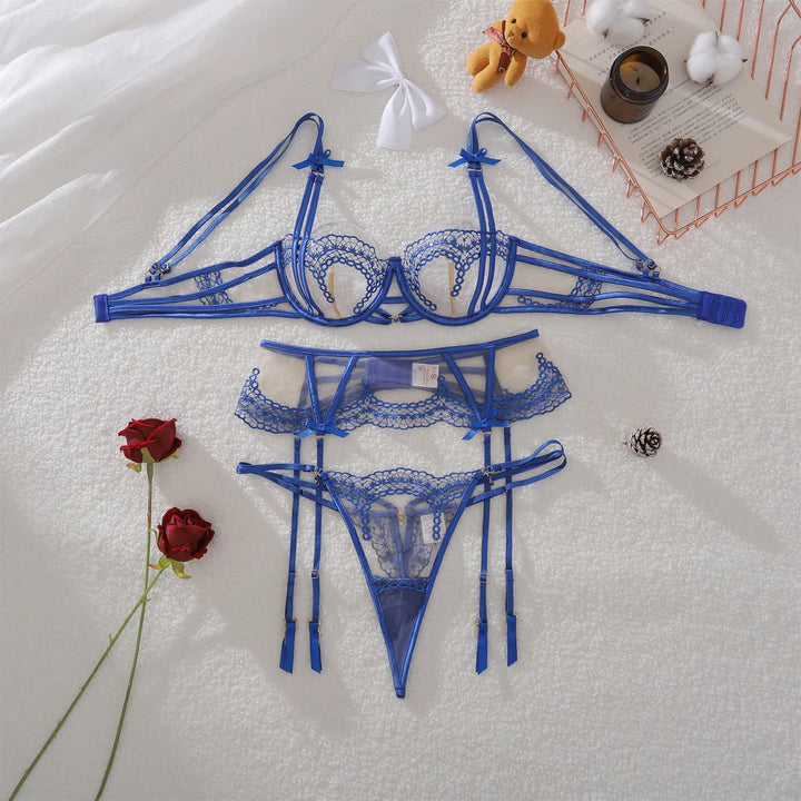 Embroidered Color Nude Lingerie Blue