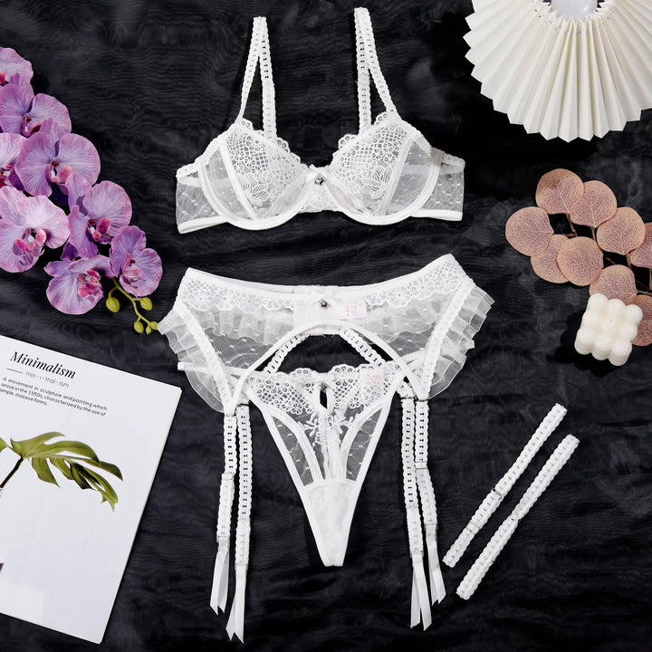 Embroidery Bow Lace Lingerie White