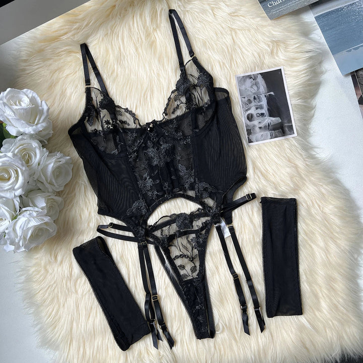 Embroidery Floral Transparent Lingerie Black