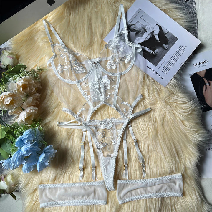 Embroidery Floral Transparent Lingerie White
