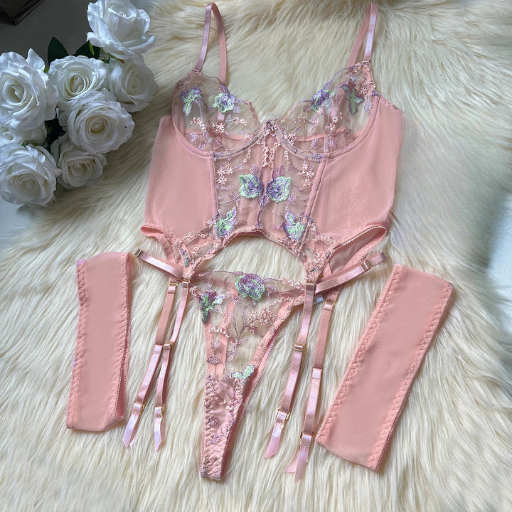 Embroidery Floral Transparent Lingerie Pink