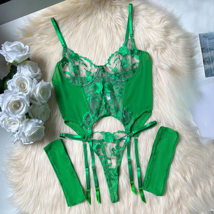 Embroidery Floral Transparent Lingerie Green