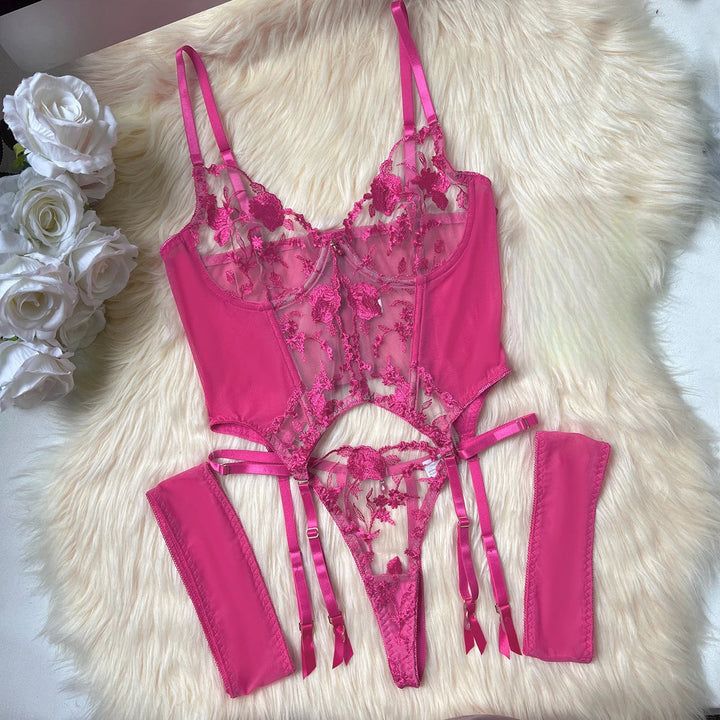Embroidery Floral Transparent Lingerie Rose Red