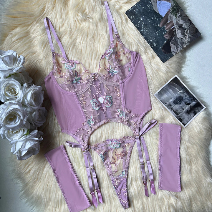 Embroidery Floral Transparent Lingerie Purple