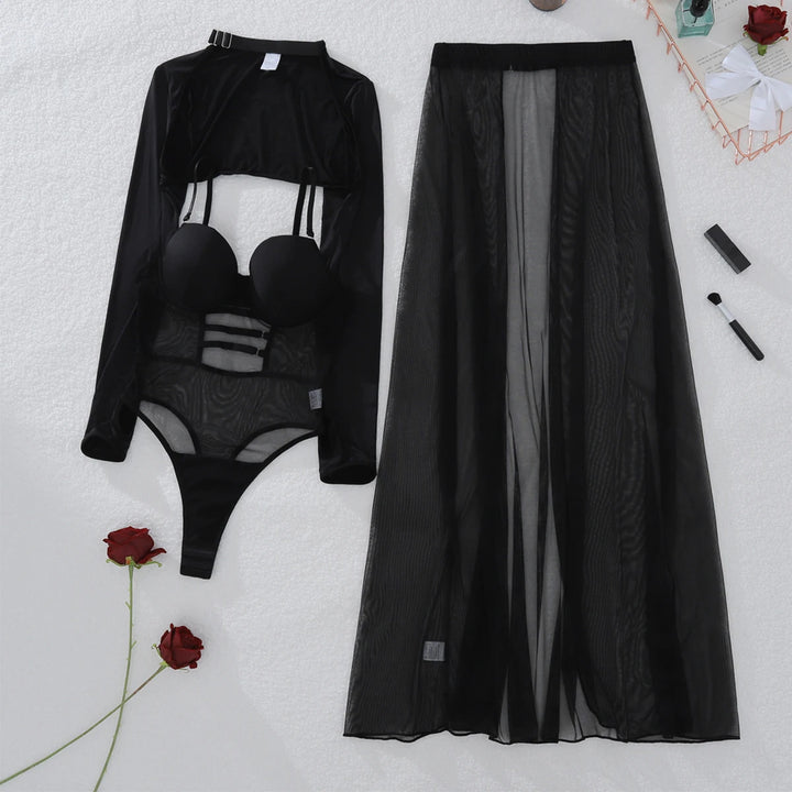Erotic Bodysuit Mesh Lingerie Set Black