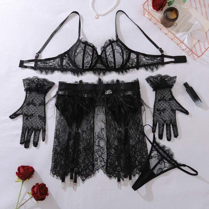 Exotic Lace Feather Lingerie Black