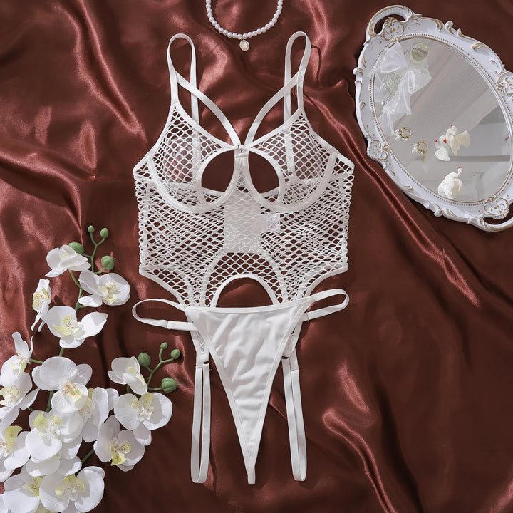 Fishnet Hollow Bodysuit Lingerie White