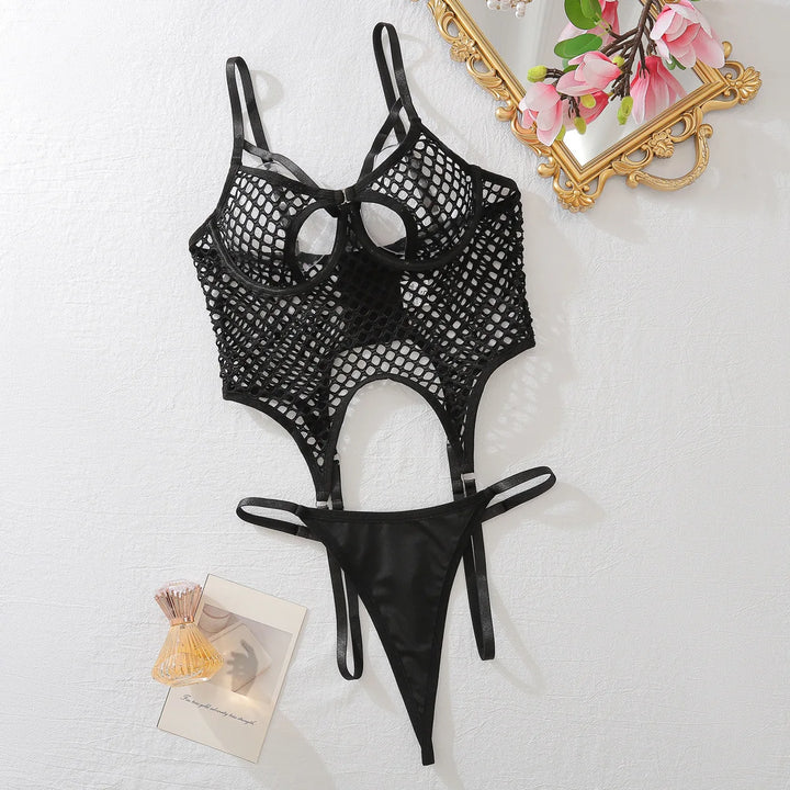 Fishnet Hollow Bodysuit Lingerie Black