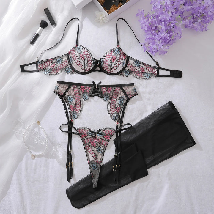 Floral Bowknot Embroidery Lingerie Black Pink