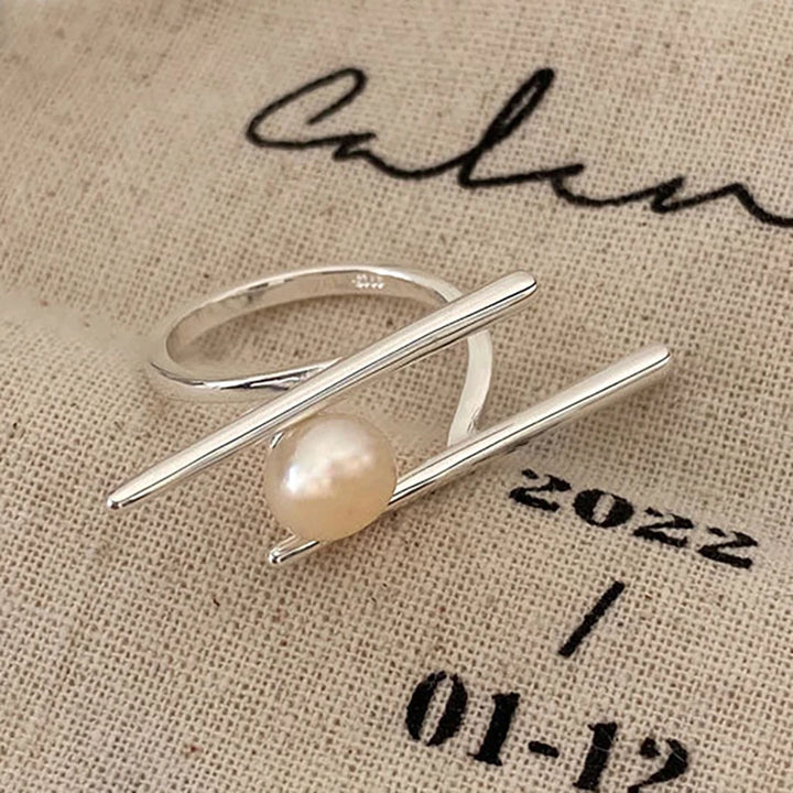 Geometric Pearl Ring Silver resizable