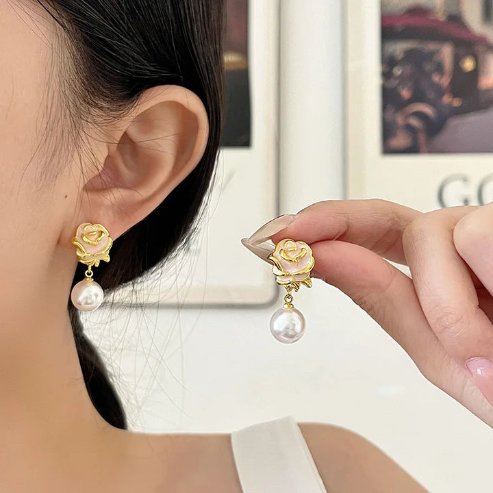 Glaze Rose Pearl Drop Earrings
