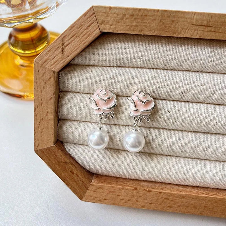 Glaze Rose Pearl Drop Earrings Silver Color