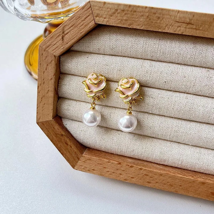 Glaze Rose Pearl Drop Earrings Gold Color