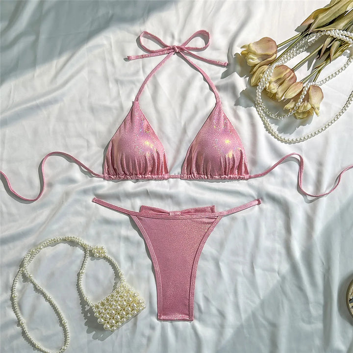 Glitter Back Bow Bikini Pink