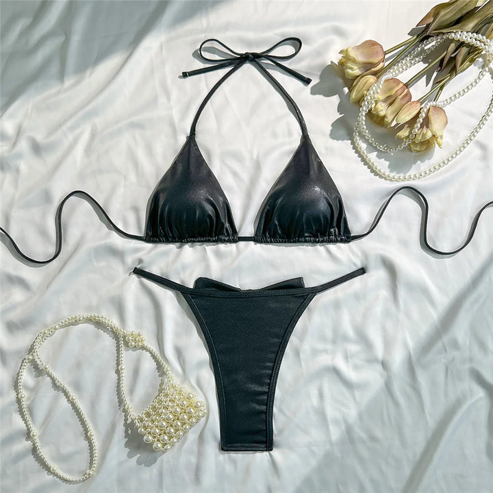 Glitter Back Bow Bikini black