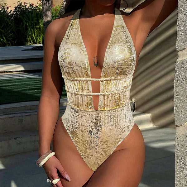 Gold Leather Deep V Swimsuit