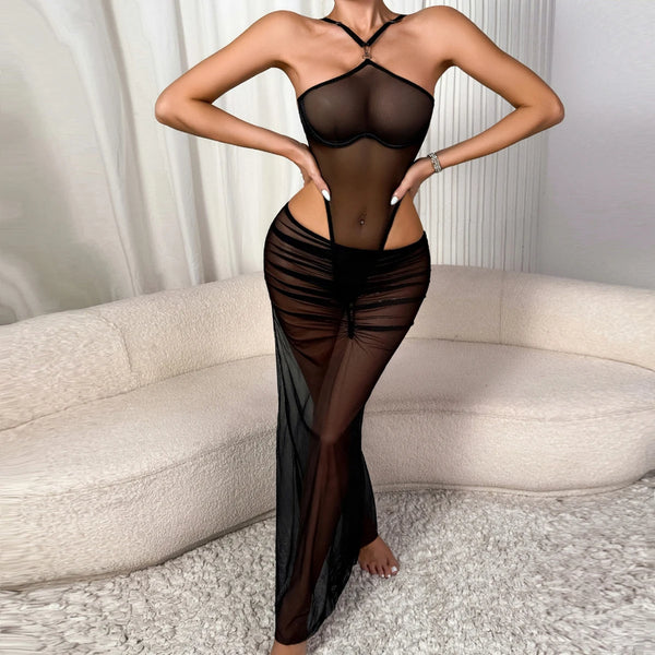 Halter Mesh Bodysuit Skirt Lingerie