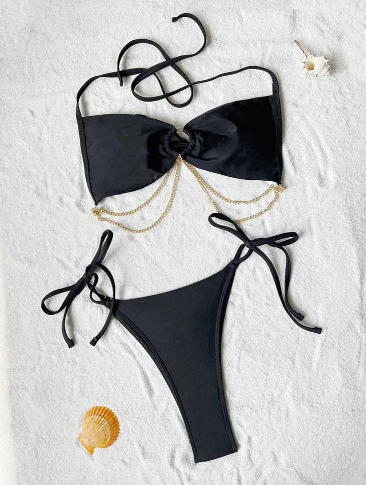 Halter Metal Chains Strappy Bikini-Cargo Chic