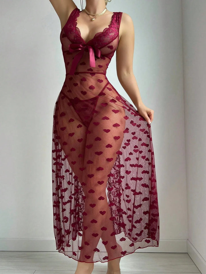 Heart Print Gown Lingerie Burgundy