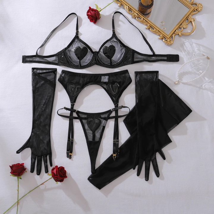 Heart Splicing Leather Lingerie Black