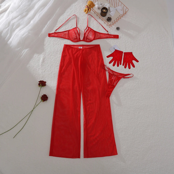 Hollow Mesh Lingerie Set Red