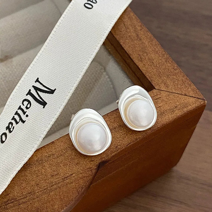 Irregular Geometric Pearl Earrings Silver Color