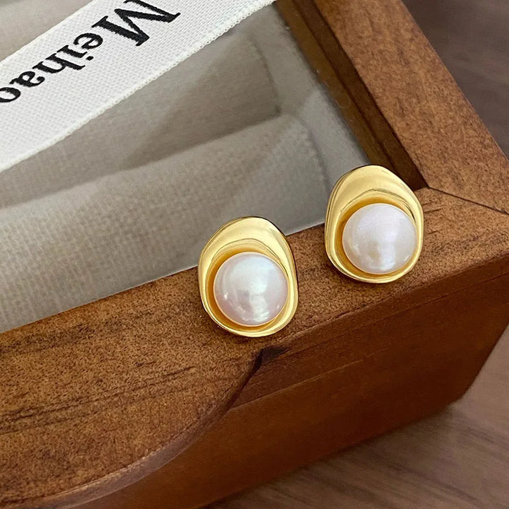 Irregular Geometric Pearl Earrings Gold Color
