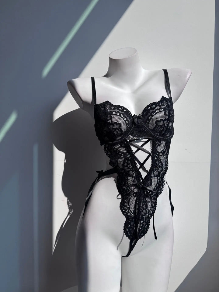 Lace Up Hollow Side Bodysuit Lingerie Black