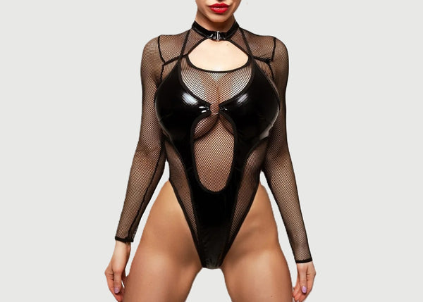 Leather Mesh Bodysuit Lingerie