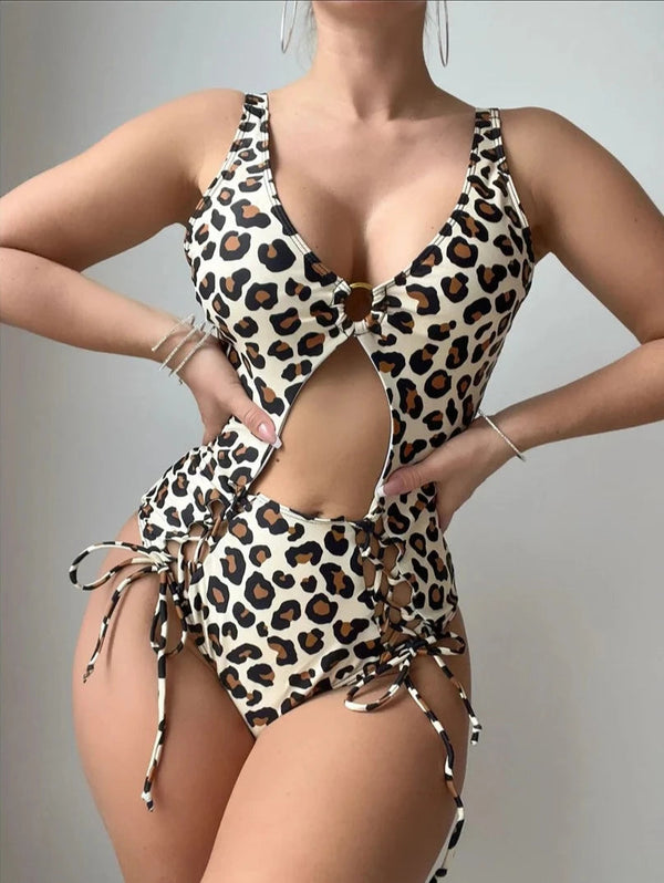 Leopard Print Cut Out Swim Suit