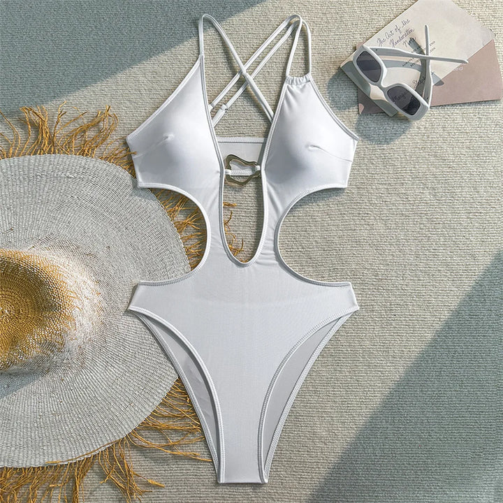 Metal Ring Cut Out Swimsuit WHITE
