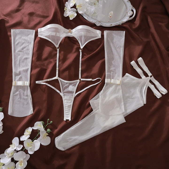 Micro Mesh Bodysuit Lingerie Set White